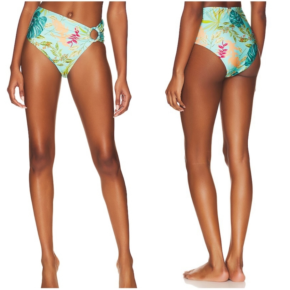 PatBO Tropicalia Mid Rise Bikini Bottom Island Blue Floral Ring Size L